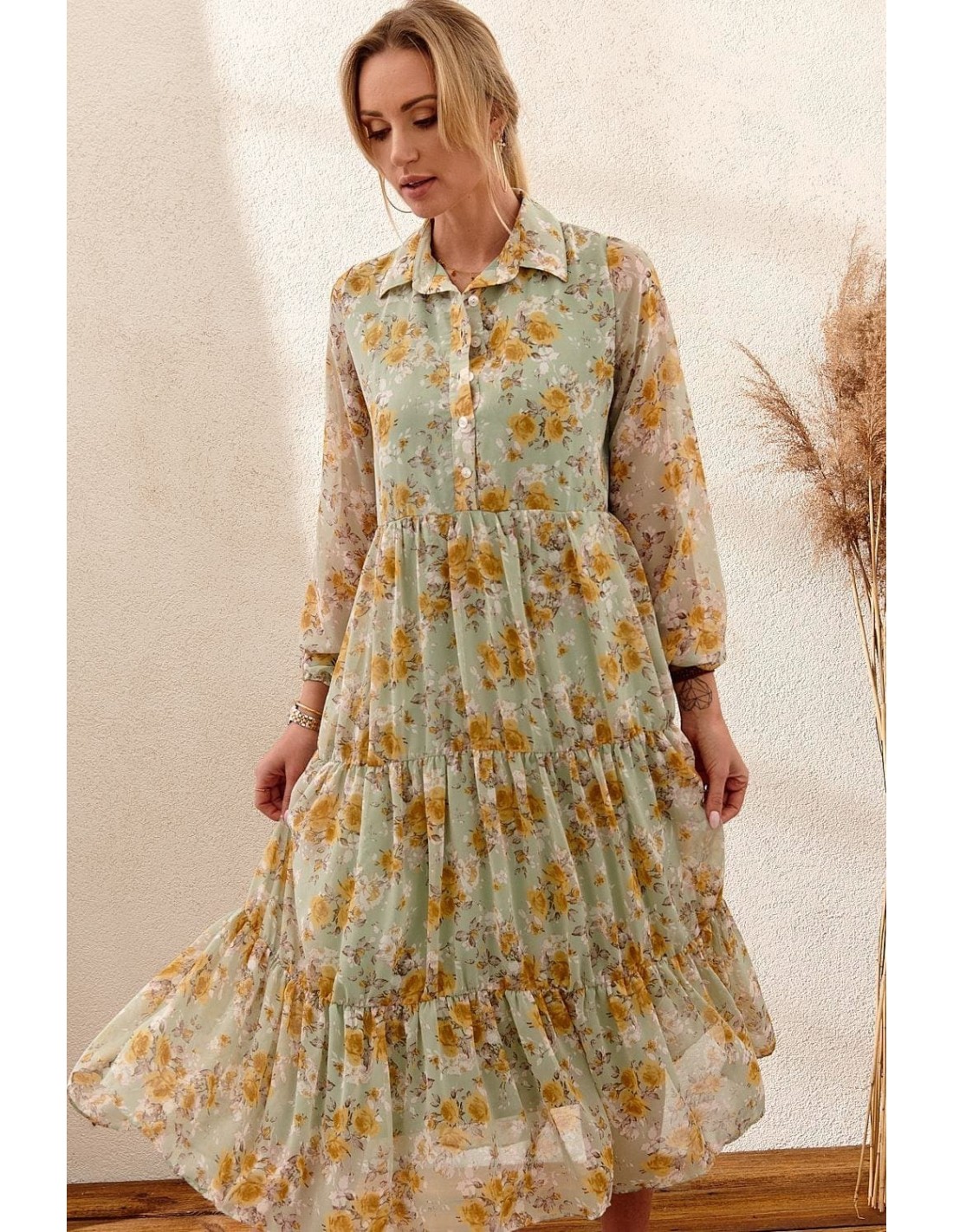 Floral dress with a collar, pistachio PR10200 - Online store - Boutique